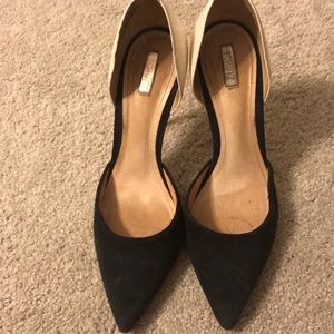 Schutz black suede with white patent heels
